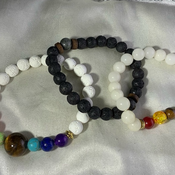 3 White and Black Lava Stone CHakra Beaded Stretch Bracelet Trio - Picture 2 of 3